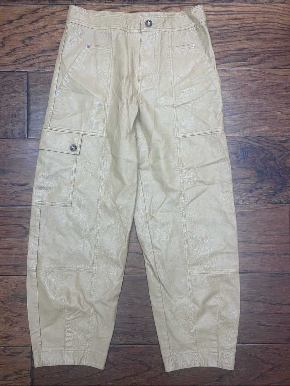 Anthropologie Y2K Faux Leather Cargo Utility Barrel Pants 2 minimalist capsule